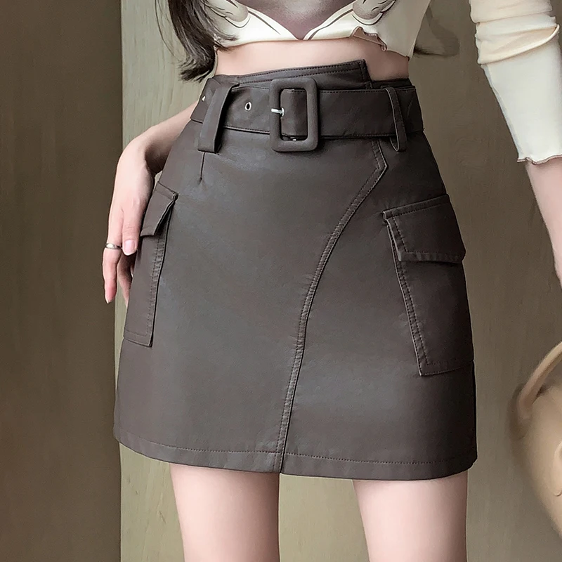 

High Quality PU Leather Mini Skirts Female Korean Irregular Belt High-waisted Slim Short Saias Femininas Office Lady Skirt Falda