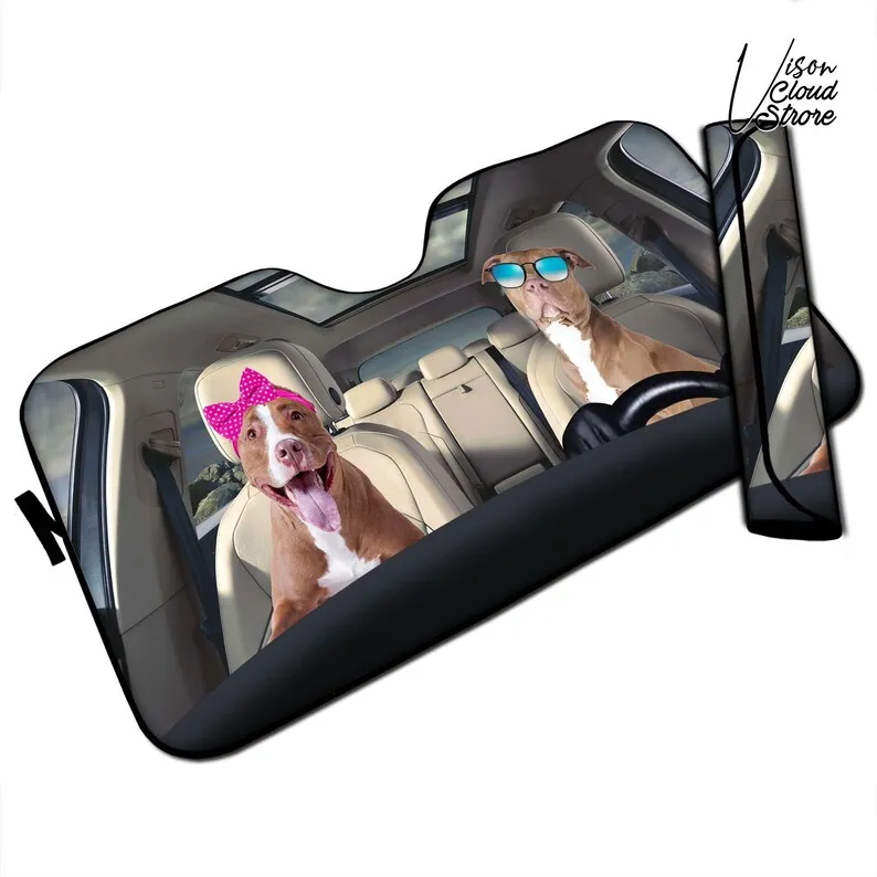 Pitbull Dog Couple Car Accessories Personalized Car Sun Shade Car Accessories Gift Decor Custom Car Gift For Him Gift For Dad Fo