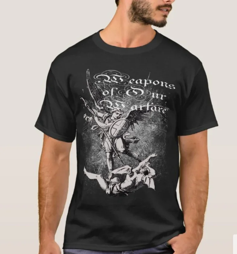 Weapons of Our Warfare. Archangel St Michael Fight Illustration T-Shirt. Cotton Short Sleeve O-Neck Mens T Shirt New S-3XL