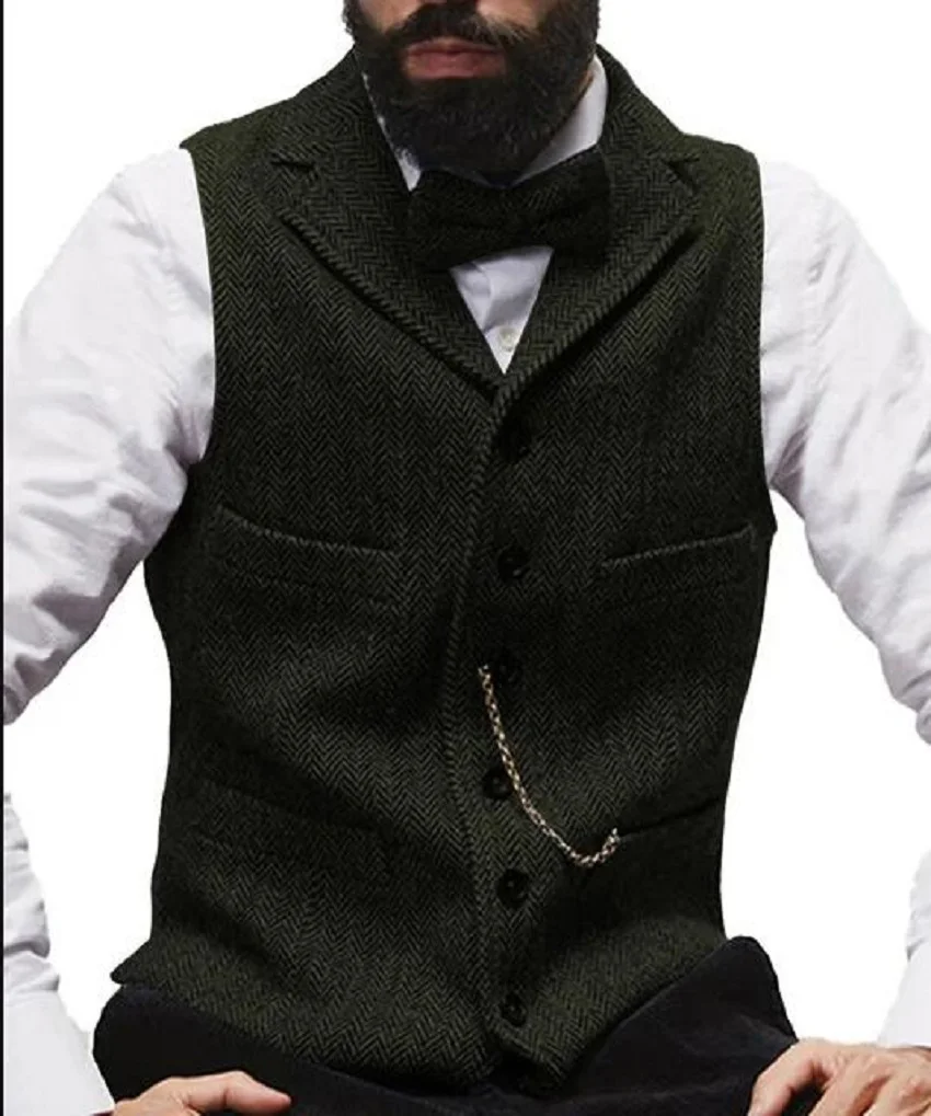 Lapel V Neck Wool Herringbone Casual Formal Business Vest Mens Vest  Waistcoat for men  Any occasion Green/Burgundy/Brown