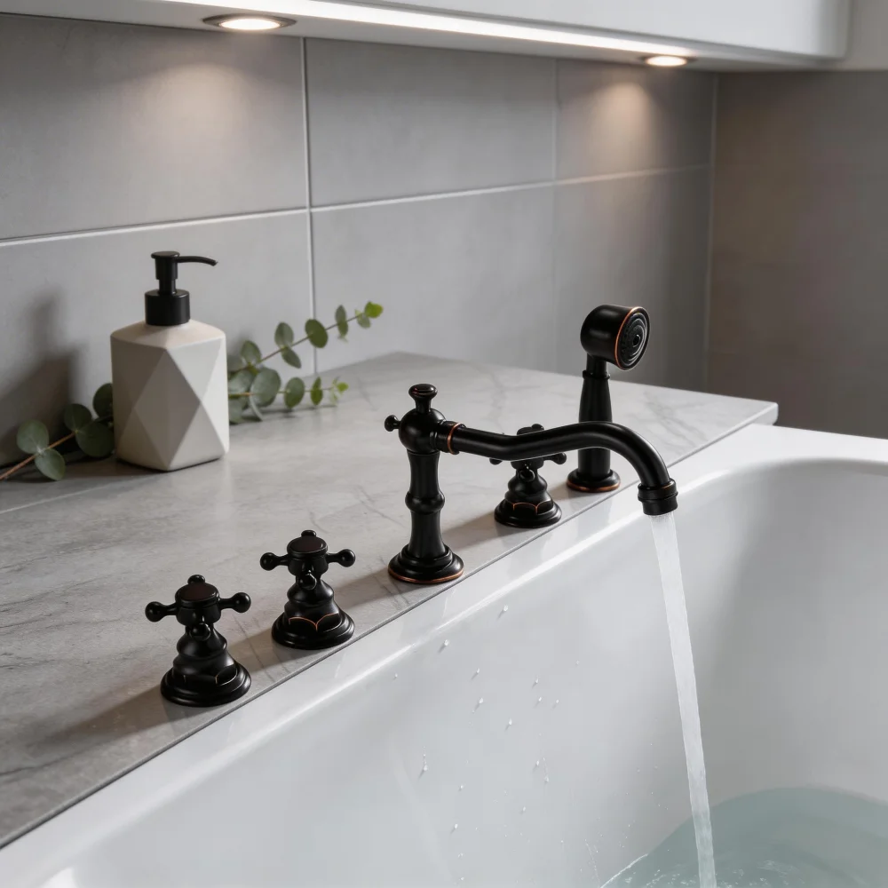 

5-Hole Black Bronze Bathtub Faucet with Hand Shower, Vintage Single Handle Tub Filler, Modern Deck Mounted Bath Mixer Tap with S