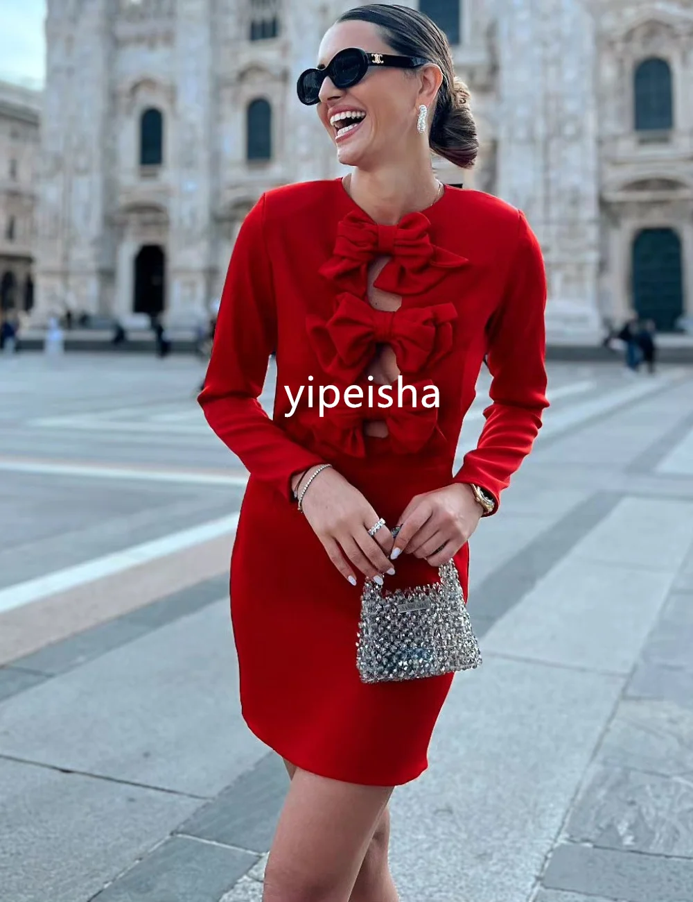 Vestido corto con cuello redondo para mujer, traje clásico de Jersey con lazo, corte en A, estilo moderno y exquisito, estilo chino, Formal e informal