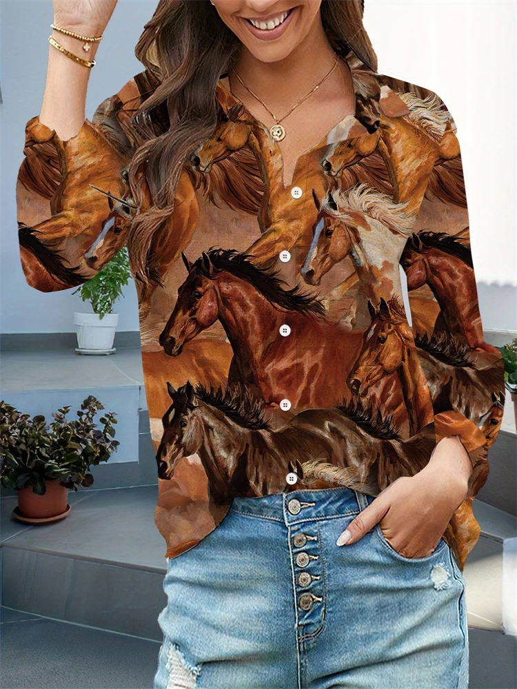 

Женская рубашка с лацканами Running Wild Horse, уличная рубашка с длинными рукавами, женская свободная дышащая однобортная рубашка с лацканами