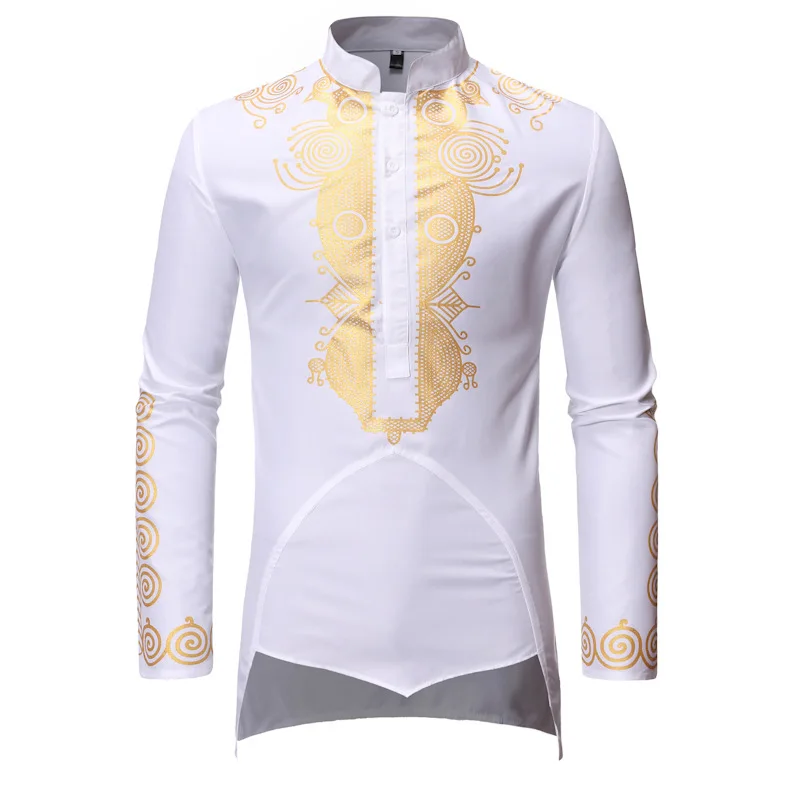 Men's Islamic Arabic Abaya Robe Ethnic Print Stand Collar Youth Mid-length Shirt Muslim Men Clothing Luxury Casual Fashion Dubai