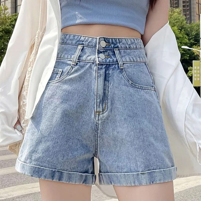 

Summer Girls Classic Korean Double Button Jeans Lady Casual Fashion High Waist Short Pants Women Thin A-line Denim Shorts