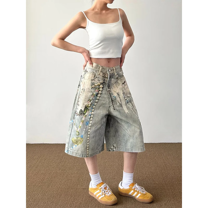 

Casual American Street Style 3D Print Chain Design Five-Quarter Loose Leg Jeans Unisex Summer Denim Shorts Wide Leg Shorts