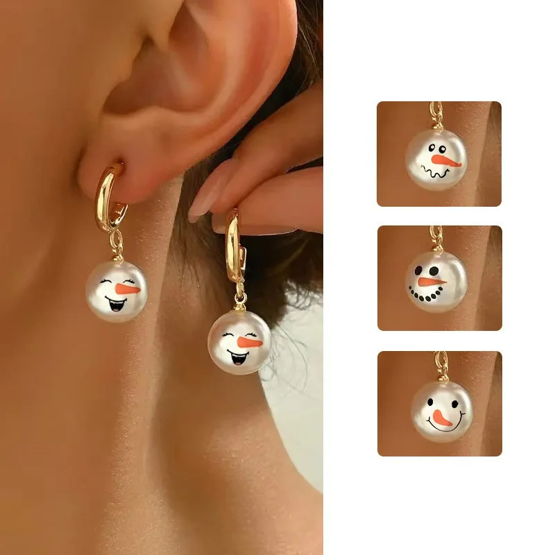 

Simple Imitation Pearl Snowman Drop Earrings for Women Light Luxury Shiny Rhinestone Snowflake Dangle Earring New Year Jewelry