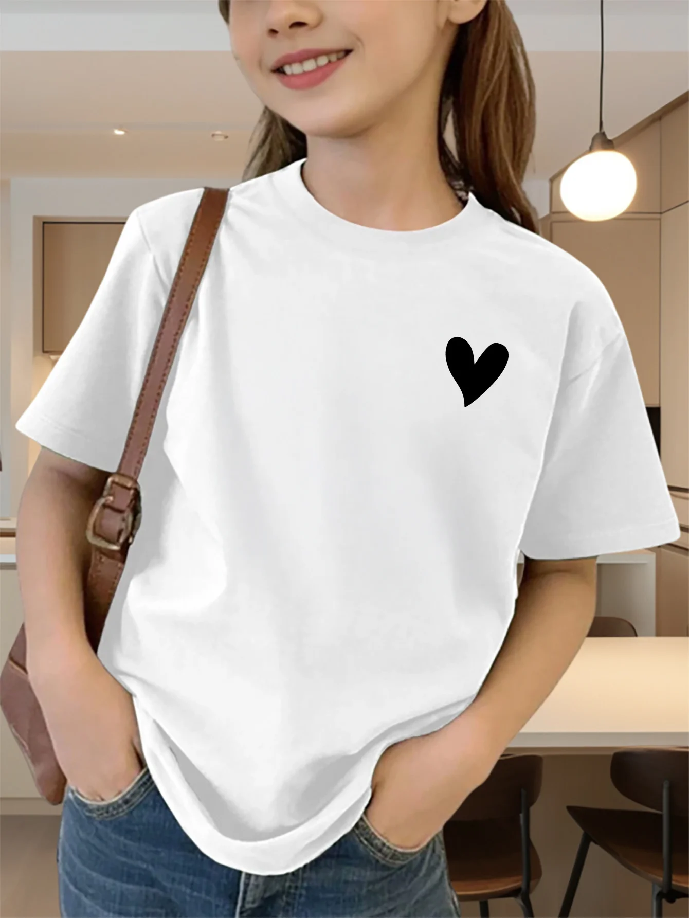 Cute Small Black Heart Minimal Pocket Graphic Kids Tee Boys Girls Family Matching Cotton Crew Neck Short Sleeve Soft Summer Tee