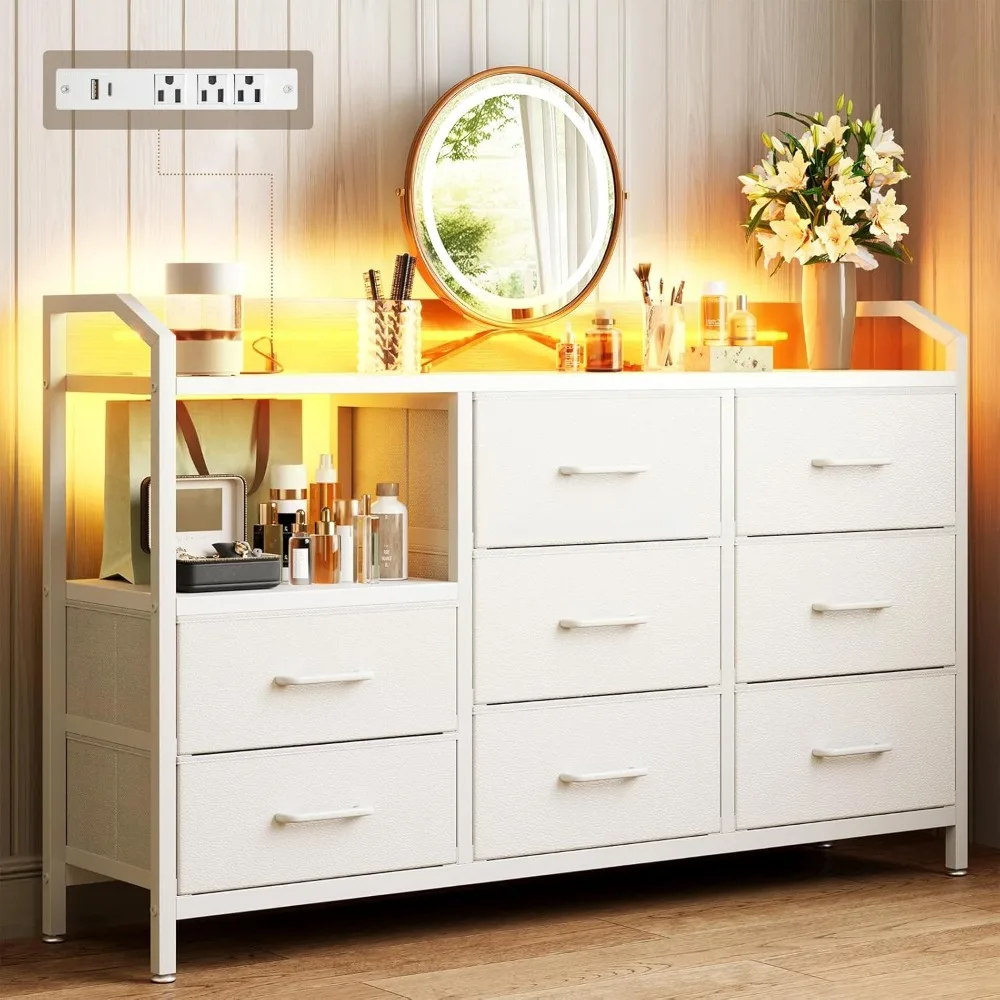 

White Dresser for Bedroom with Light Strip & Power Outlet — 8 Drawers Dressers & Chest of Drawers with Shelf, Wood Top, Metal F