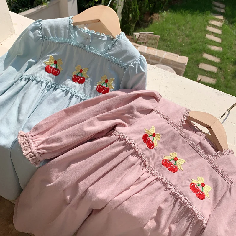 

Korean Children's Clothing2025Autumn Cherry Embroidered Sweet Girl Princess Dress with Lace Puff Long Sleeves Children's Dress