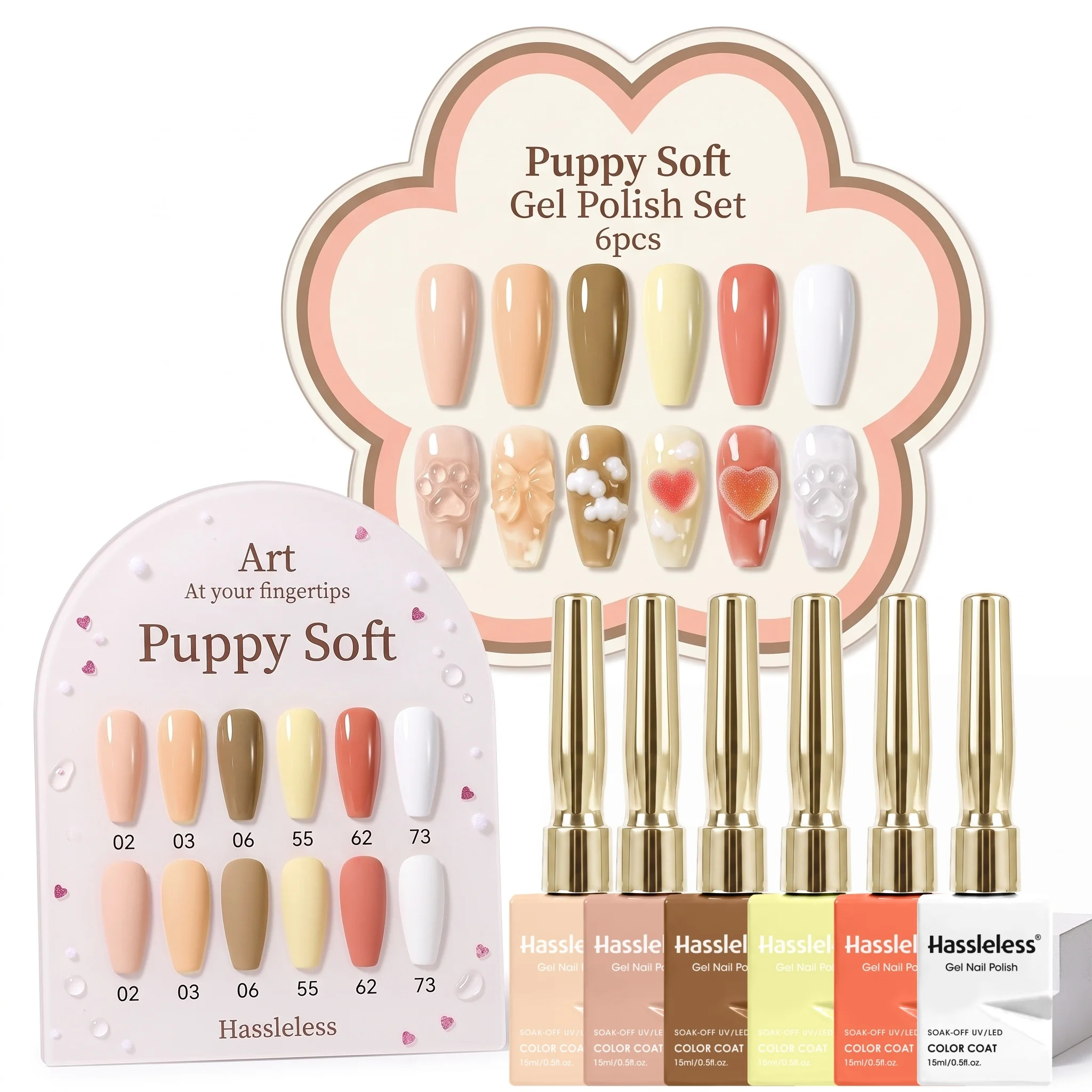 Hassleless 6Pcs Gentle Color Series, Nude Color, Creamy Yellow, Warm Brown, Coral Red, Pure White, Suitable for Daily Commuting and Versatile Use Without Makeup, Easy for Beginners to Apply, Long-Lasting and Non-Fading, Universal Solid Color Gel for Home Nail Salons.