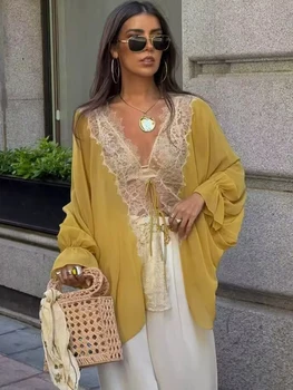 Lace Lantern Sleeve Blouse 2 TFMLN Women Lace Patchwork Lantern Long Sleeve Shirt Top Tie-up Loose Sheer Blouse Elegant Irregular High Street Fashion Lady 2