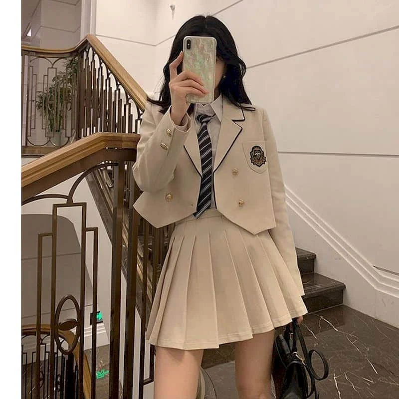 

Jk Uniform New Style College Style Korean Suit Pleated Skirt 3 Piece Set Female Long Sleeve Japanese Korean Style Womans Clothes