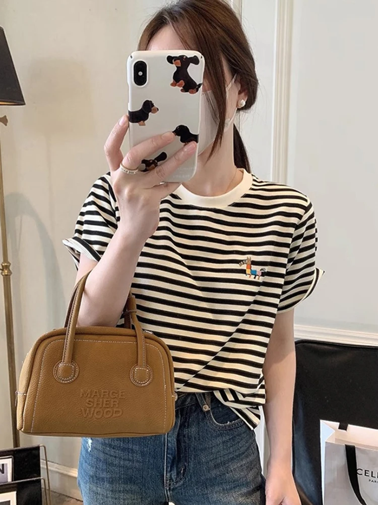 Faionable كلاسيكي مخطط ort Sve تي شيرت المرأة القطن الخالص قاعدة irt الصيف التخسيس الأعلى الكورية Sle جولة Ne