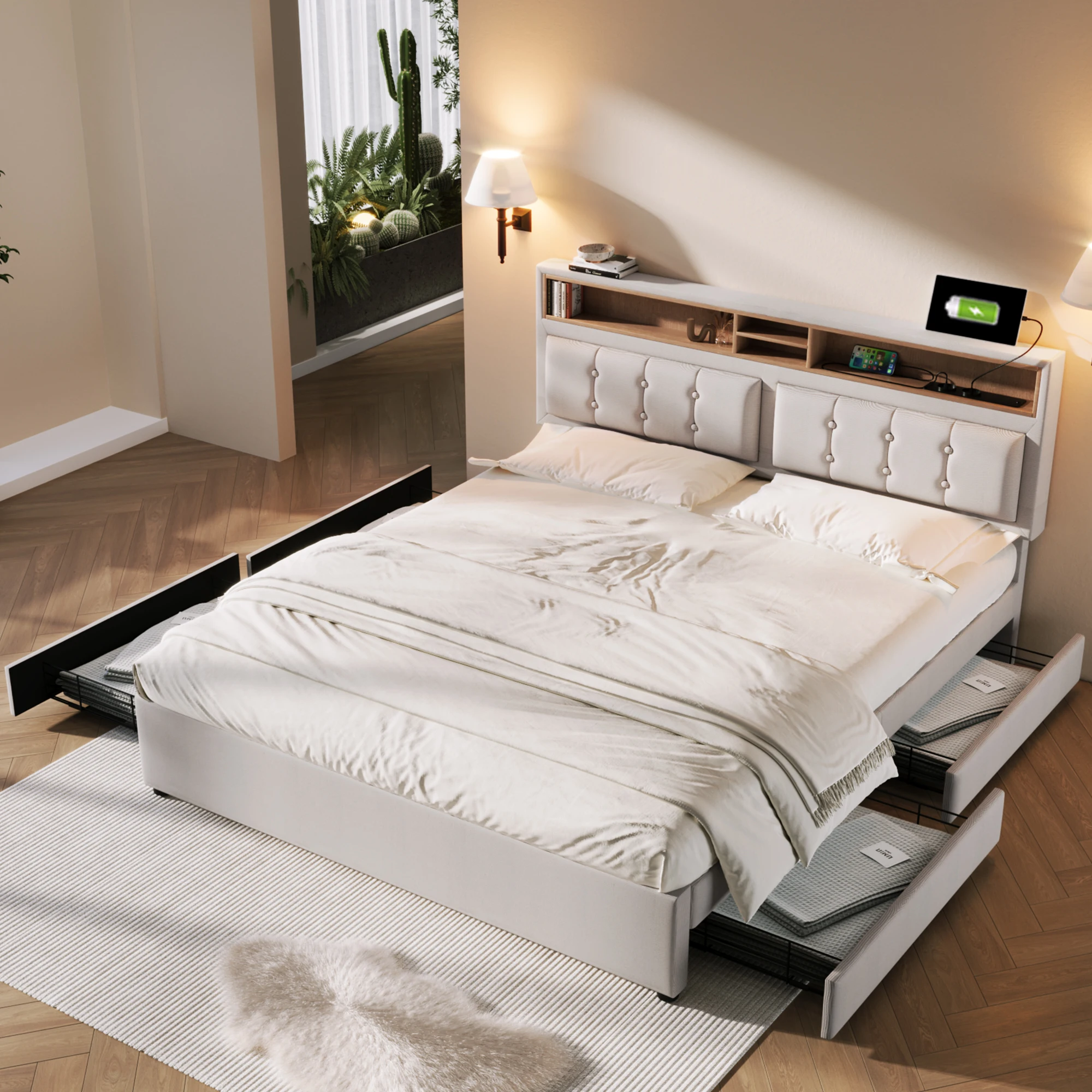 Double bed with 4 drawers & USB C socket, upholstery bed 160x200cm, height adjustable headboard, slatted wood (without Matra