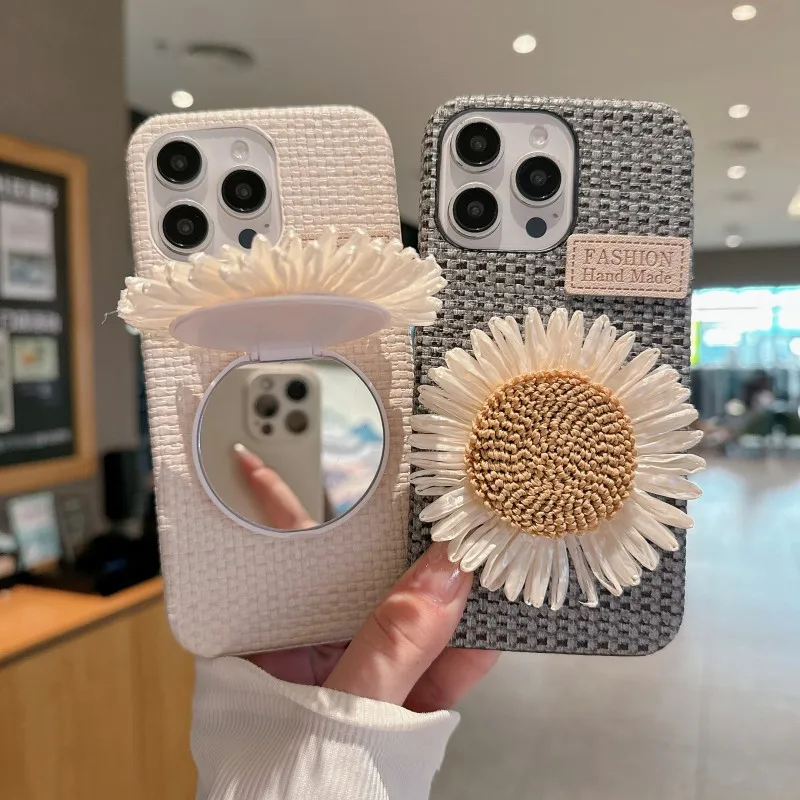 삼성 갤럭시 S24 울트라 S22 S23 플러스 S24P S23P 용 미러 스탠드 휴대폰 케이스, 충격 방지 패션 우븐 해바라기 거치대 커버