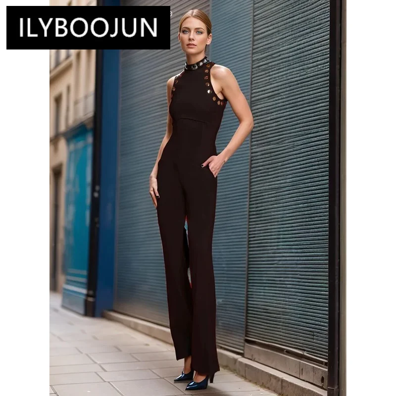 

ILYBOOJUN Solid Spliced Sequined Slimming Jumpsuits For Women O Neck Sleeveless High Waist Temperament Jumpsuit Female New