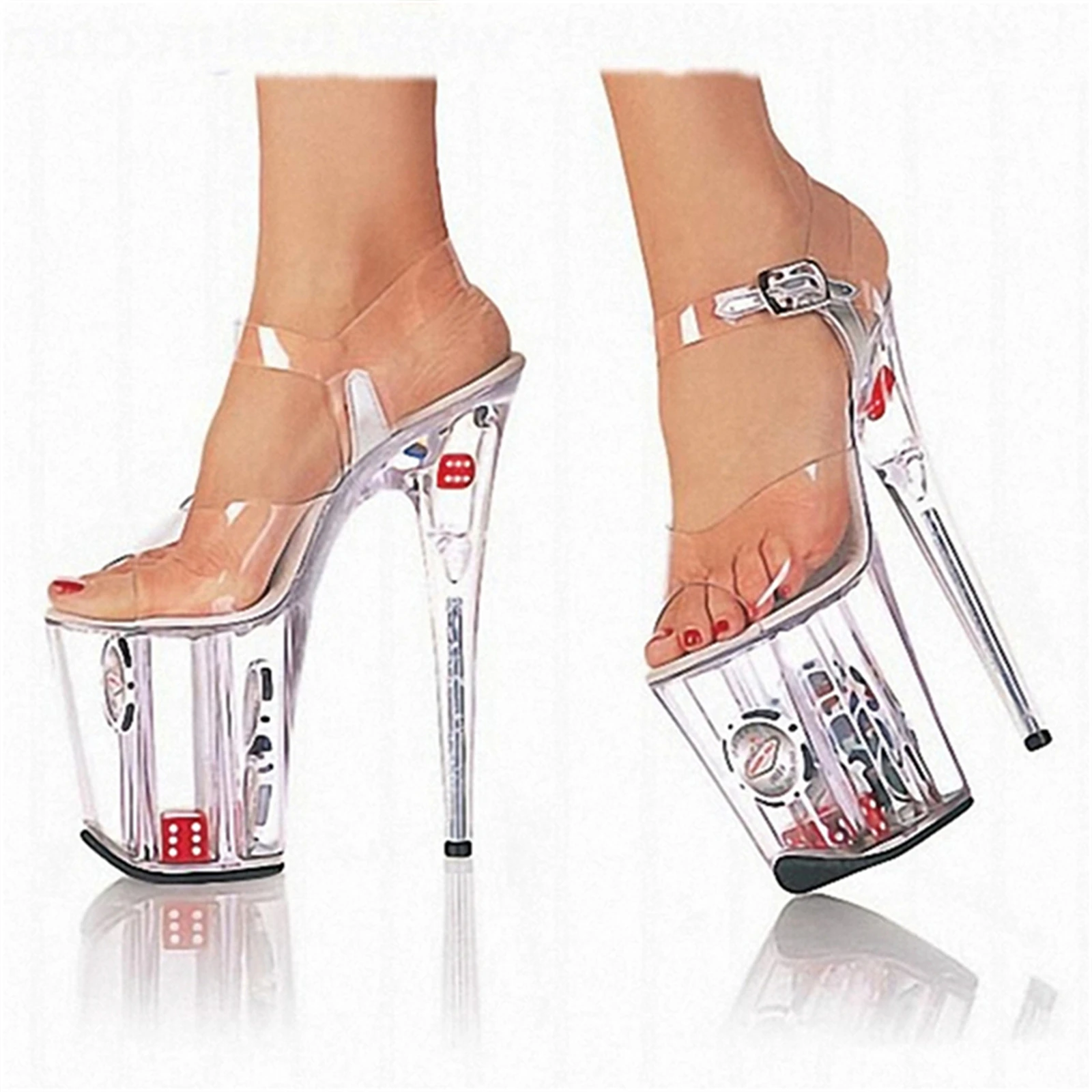 

20CM Theme Heels Clear, Transparent PVC Sandals with Dice & Chips in Heel, Novelty Platform Party Shoes​