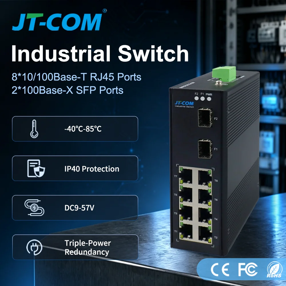 Industrial Network Switch 8 Port Ethernet 2 SFP Slot 100Mbps with 25KM Fiber Optic Module for CCTV IP Camera Factory Automation