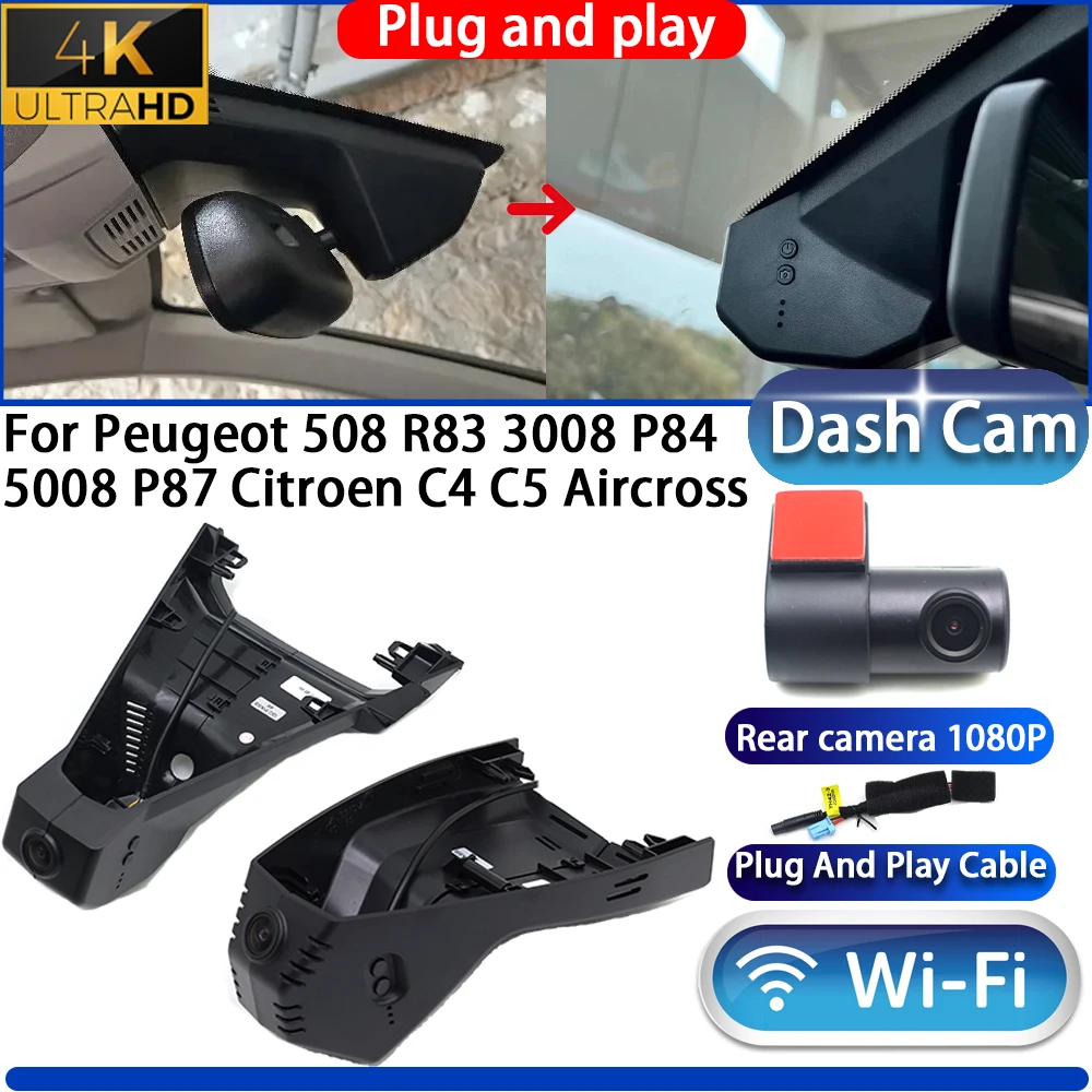 Câmera DVR 4K para Painel de Carro com Visão Noturna Plug and Play para Peugeot 508 R83 3008 P84 5008 P87 e Citroen C4 C5 Aircross