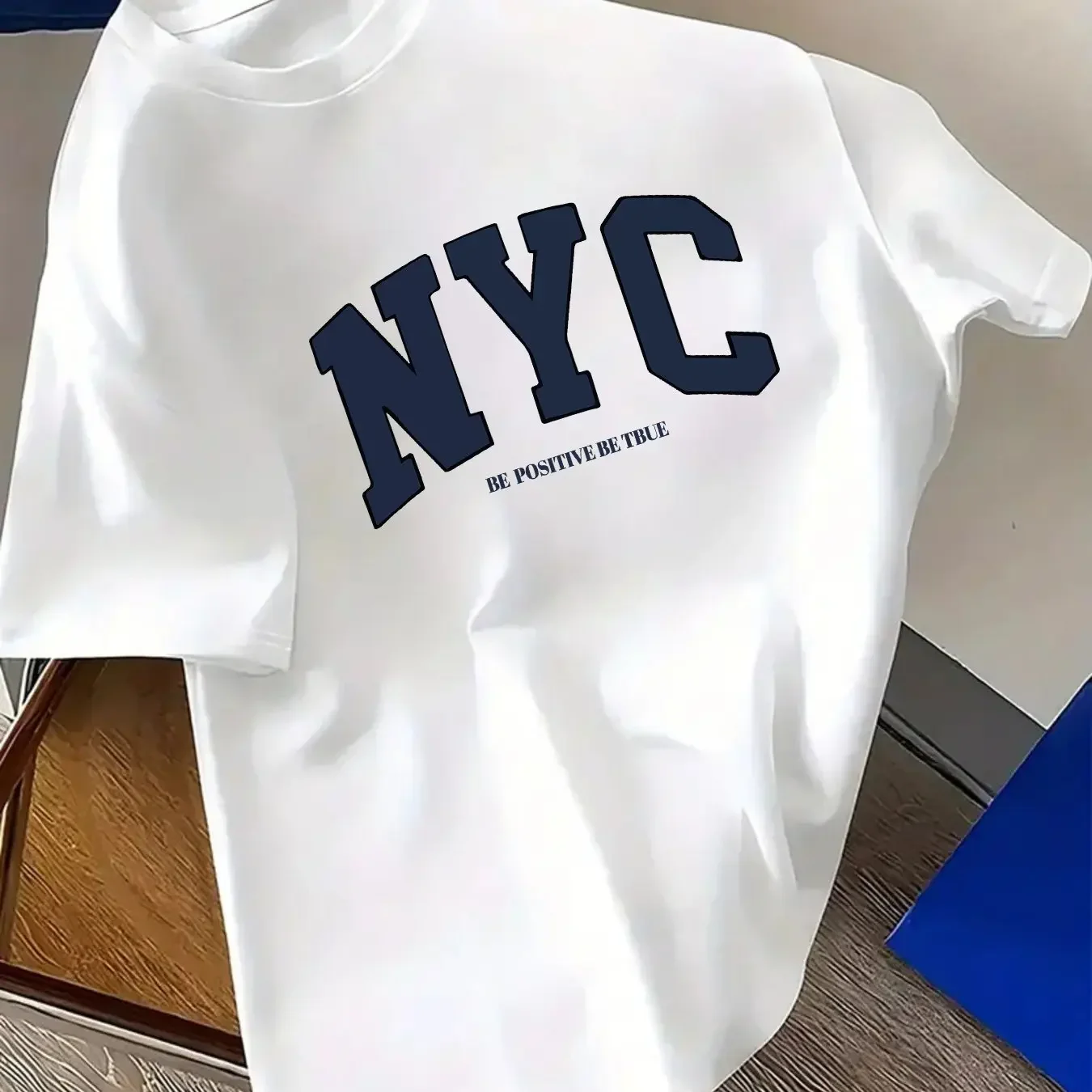2026 White Front Print Vintage Varsity NYC Letter Graphic T-shirt Navy Print Soft Cotton Short Sleeve Unisex Casual Daily Tee