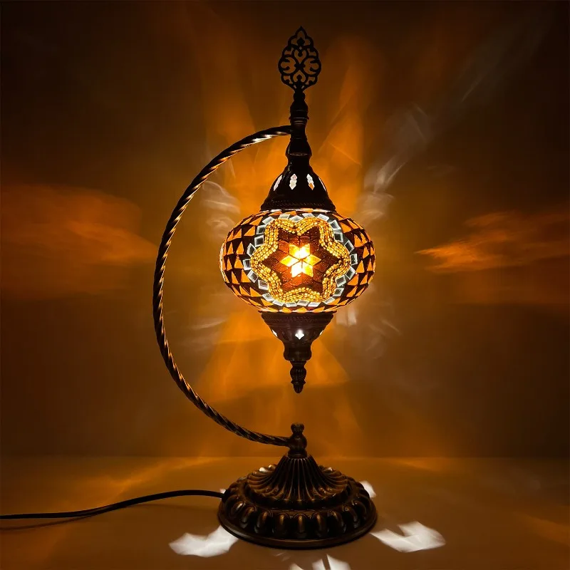 Turkish Mosaic Glass Table Lamps Curved Antique Bronze Metal Base Moroccan Bohemian Bedside Night Light Bedroom Cafe Study Hotel