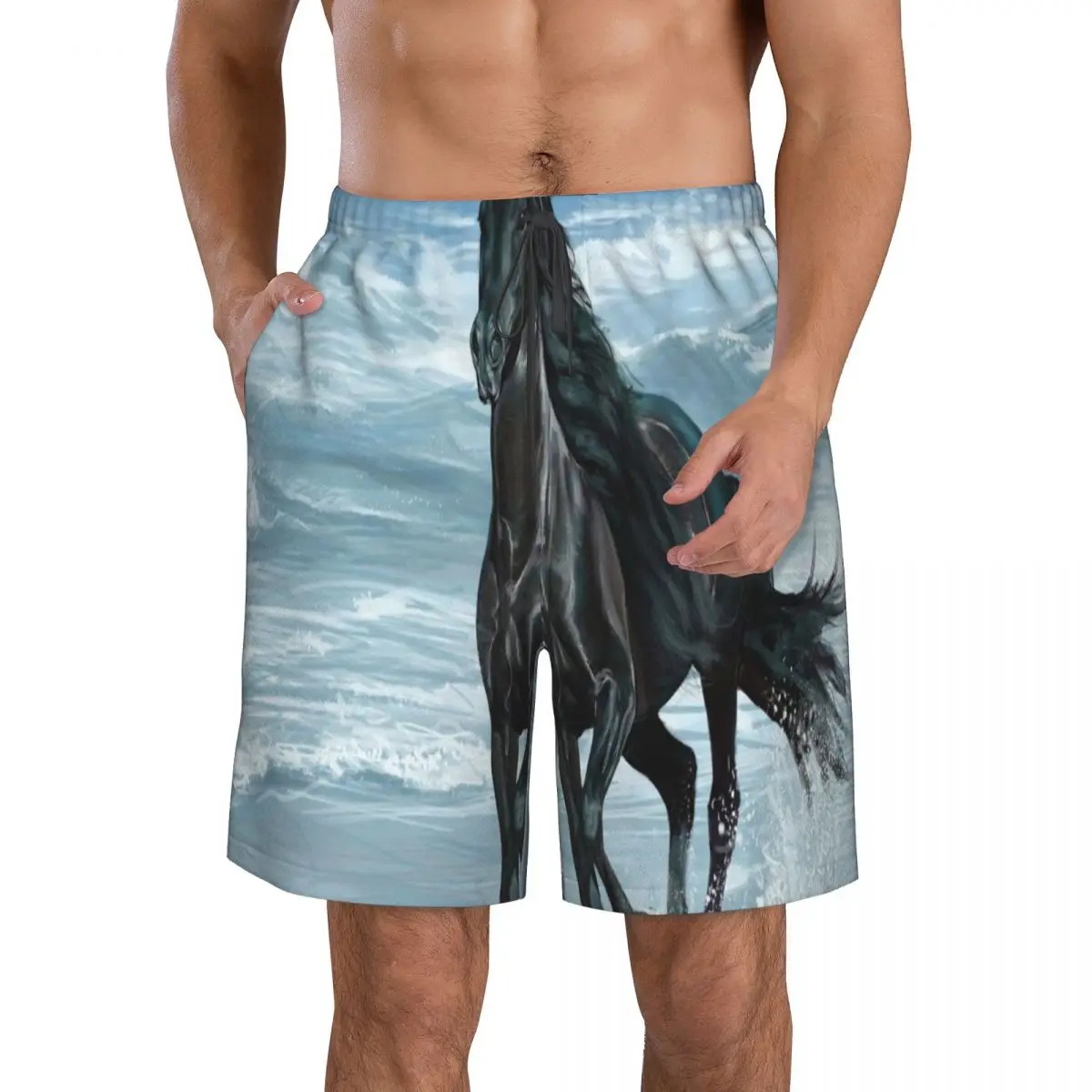 Mens Swimwear Swim Short Trunk Black Horse Running On Beach Beach Board Shorts Swimming Surffing shorts