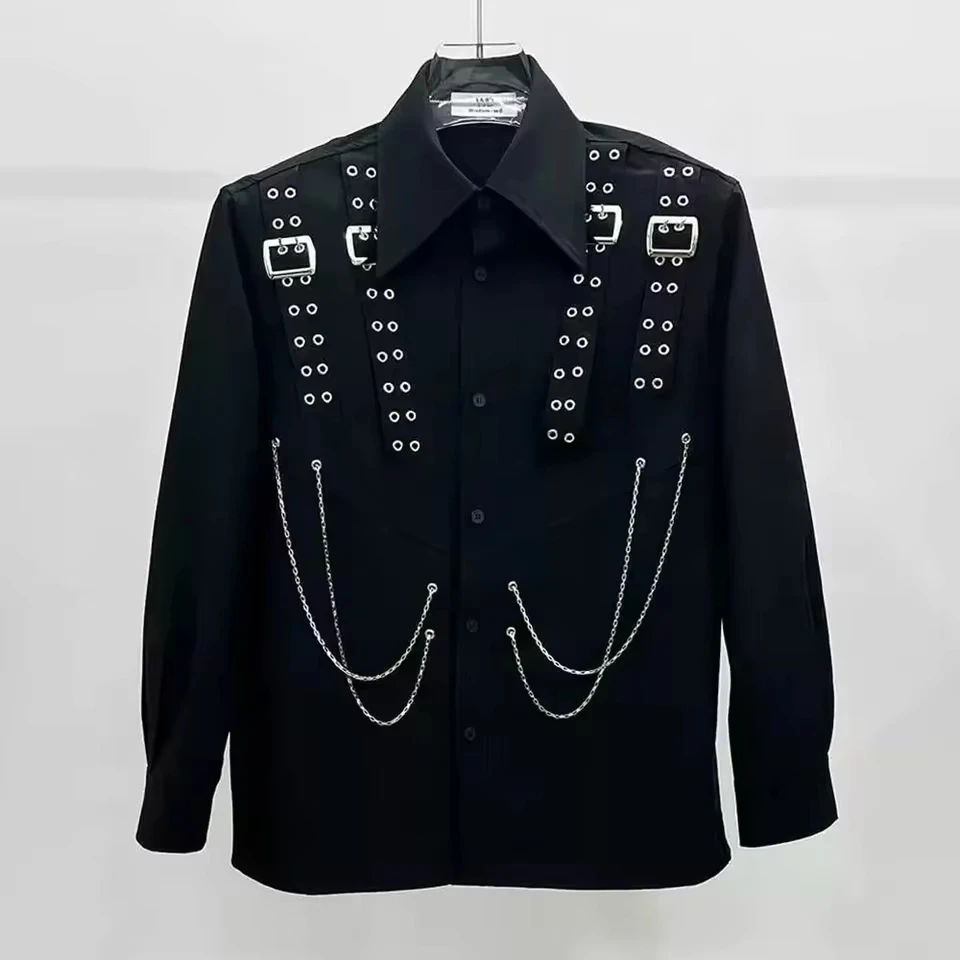 

Mens Shirt Metal Chain Shirt Autumn Streetwear Trend Punk Performance Clothing Temperament Long-Sleeve Top Men'S Clothing