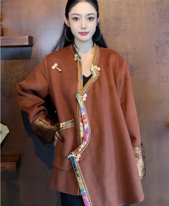 Chinese Women's Embroidered Button Top Double-sided Velvet Coat Xizang Clothes
