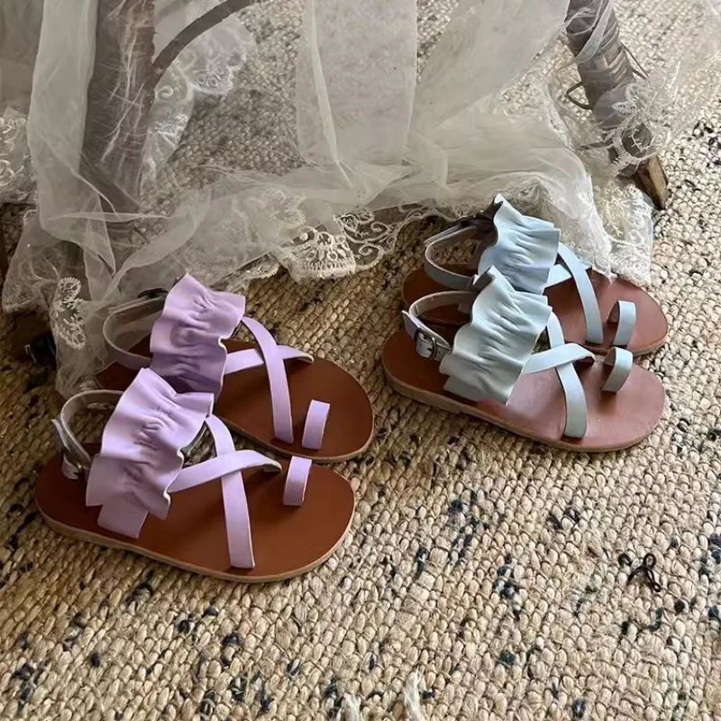 New Summer Girls Pinched sandals Genuine Leather Cute Ice Cream Color Children's Shoes for Holidays Kids Beach Sandls