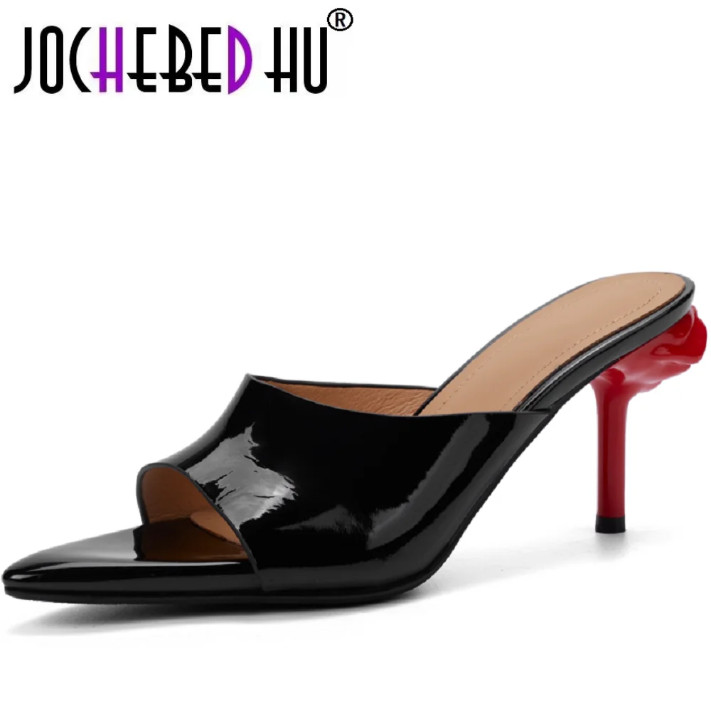 

【JOCHEBED HU】женские тапочки из натуральной кожи, новые пикантные удобные туфли на высоком каблуке с розовым каблуком, модные летние сандалии с открытым носком