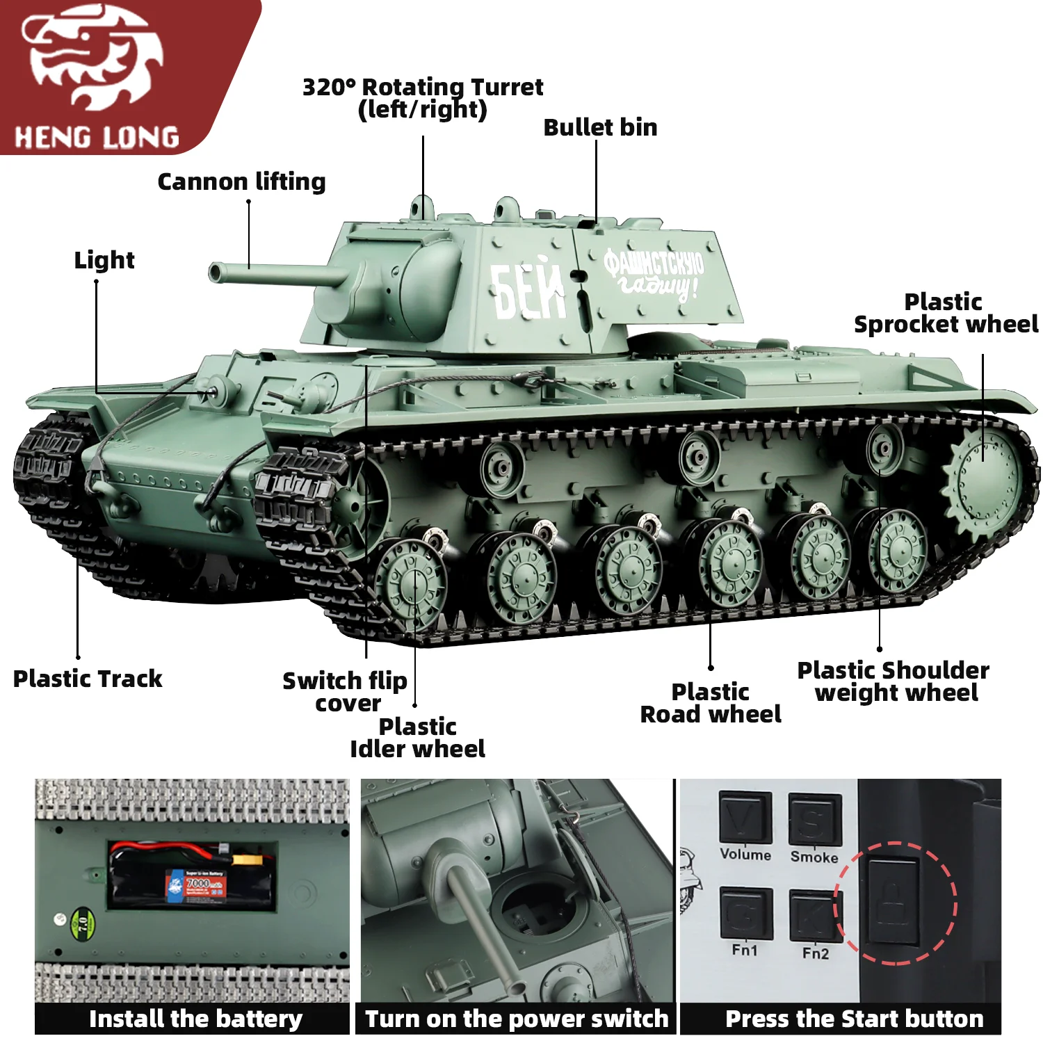 Czołgi RC Heng Long 1/16 Radziecki czołg KV-1 Model (Pełna Plastikowa Wersja Podstawowa) & 320 °   Obrotowa wieżyczka bojowa & TK7.0) Nr 3878