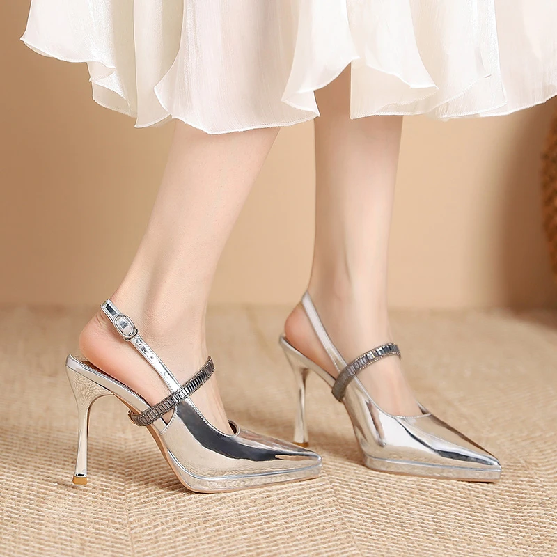 

Shiny High Heels Slingback Silver Women's Pumps Metallic Crystal Sandals Pointy Toe Stiletto Party Dress Shoes For Women Summer