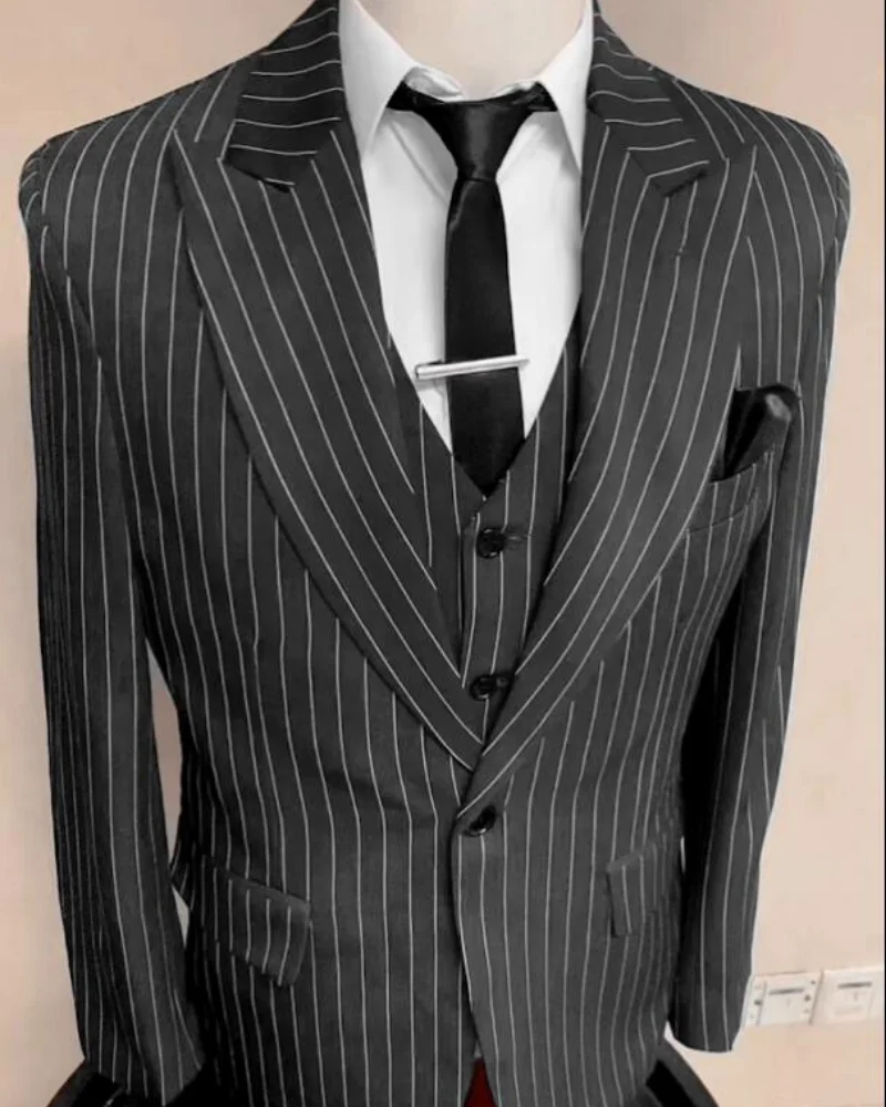 Italian Elegant Men\'s Striped Suits Prom 3-Piece (Jacket+Vest+Pants) Men Suit For Wedding Groomsmen Groom Terno Tailcoat Set