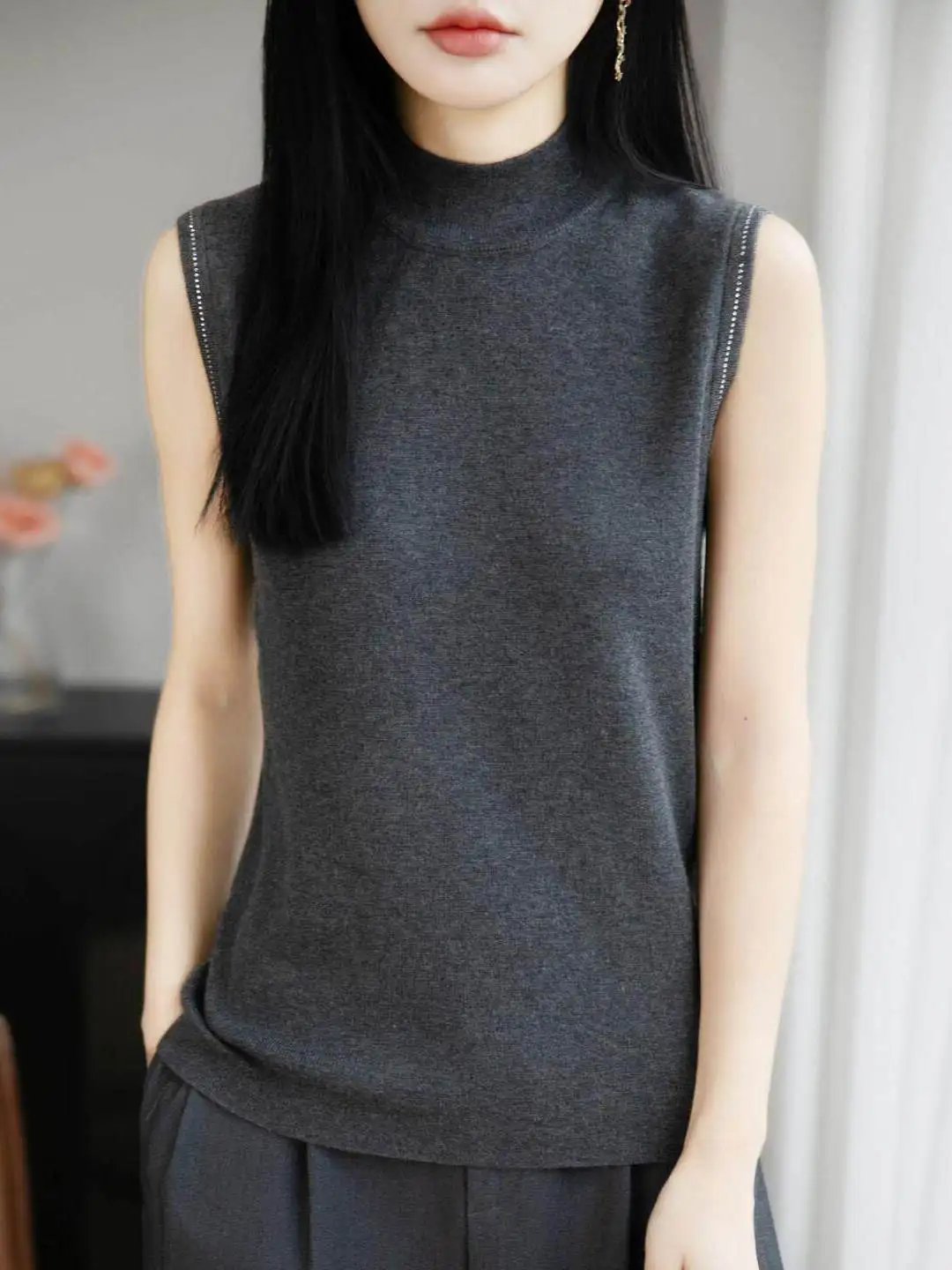 Summer Thin Wool Knitted Sleeveless Vest Loose Personality Top Diamond Embedded Base Shirt Women's Fashion High Collar Short ...
