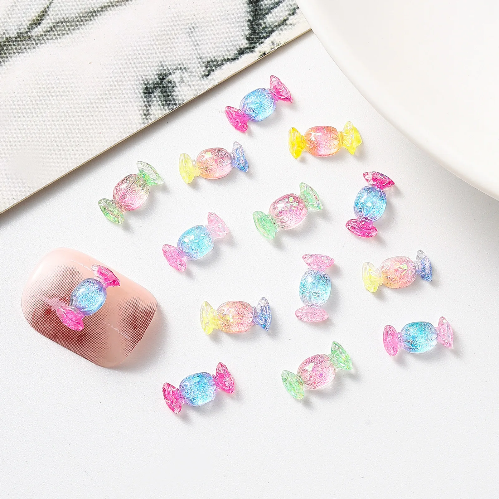 Food Play Candy Nail Art Charms Iridescent Gradient Gold Foil Rainbow Candy Resin Nail Rhinestone Decoration DIY Nails Accessory