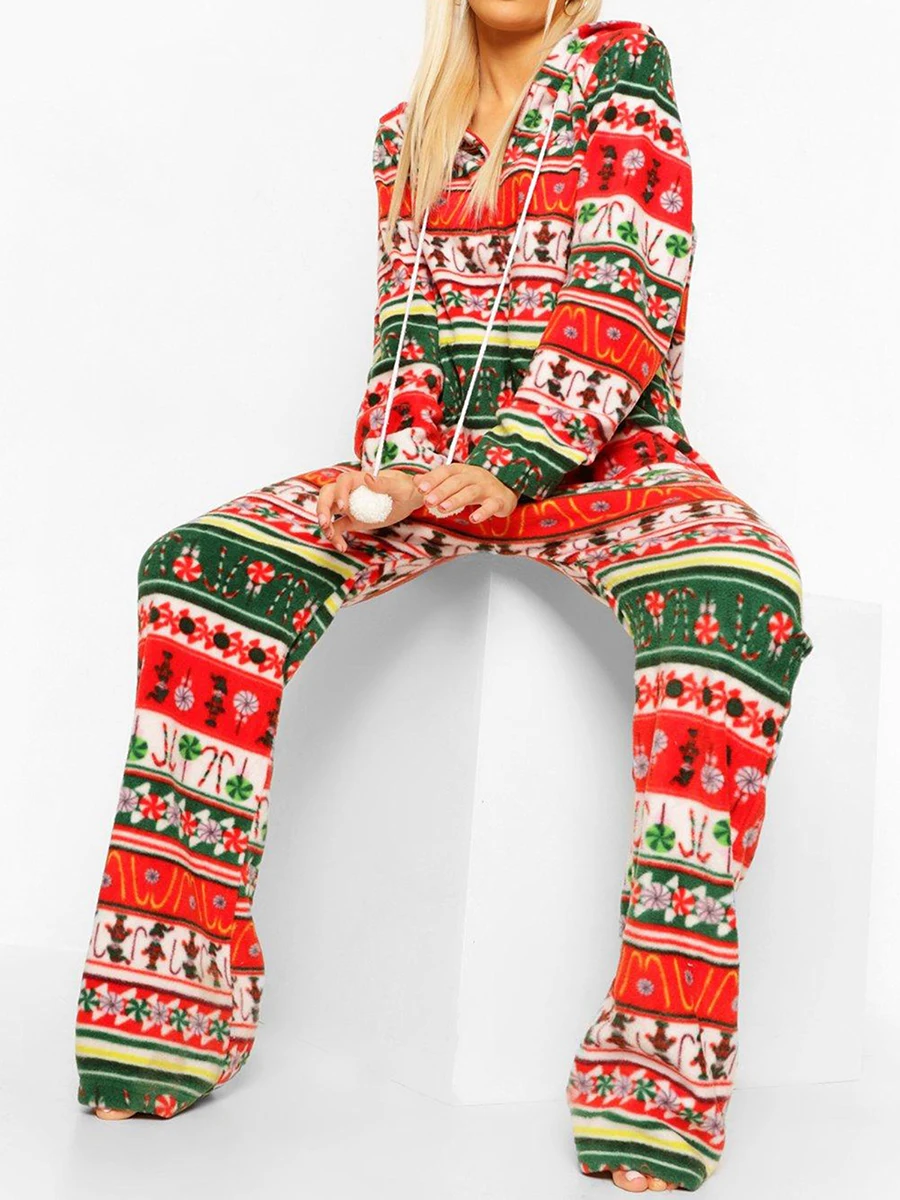 Women s Christmas Pajamas Romper Long Sleeve Zip Up Hooded Jumpsuit Sleepwear Print Nightwear with Festive Design