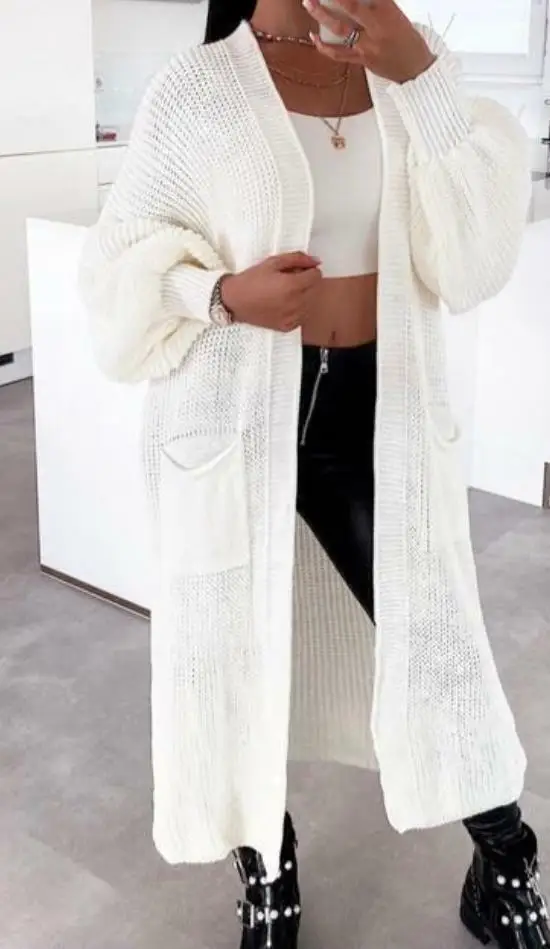 Lantern Sleeve Knitted Cardigan Women 2024 Autumn Winter Spring Elegant Long Outerwear Maxi Y2k Sweater Long Coat Soft Jacket