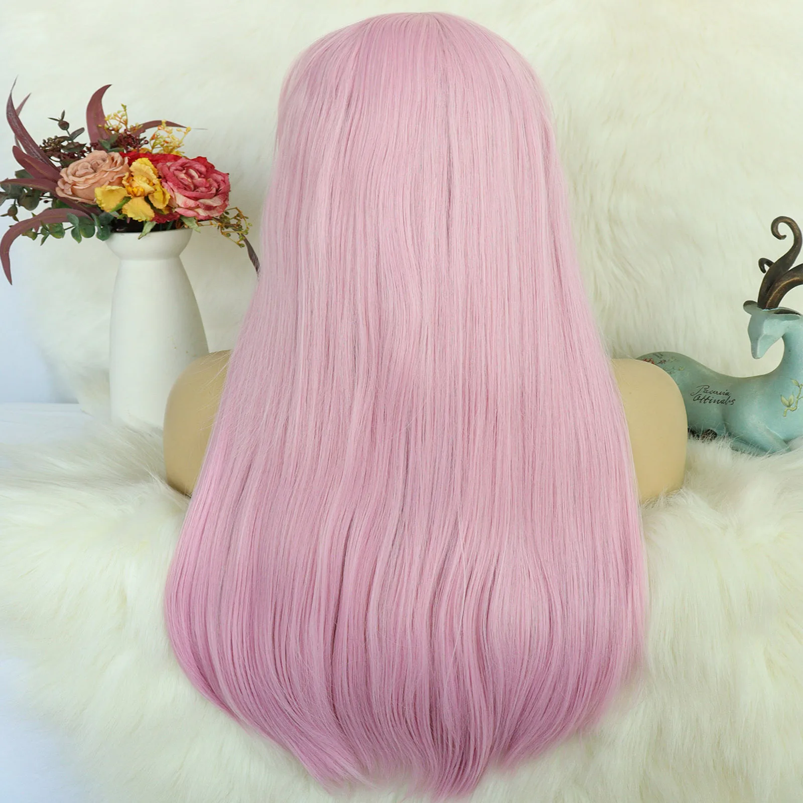 Long Straight Pink Hair Wig with Bangs, Natural Looking Hair Wig for Women Heat Resistant Synthetic Hairpiece, Fashion Wig