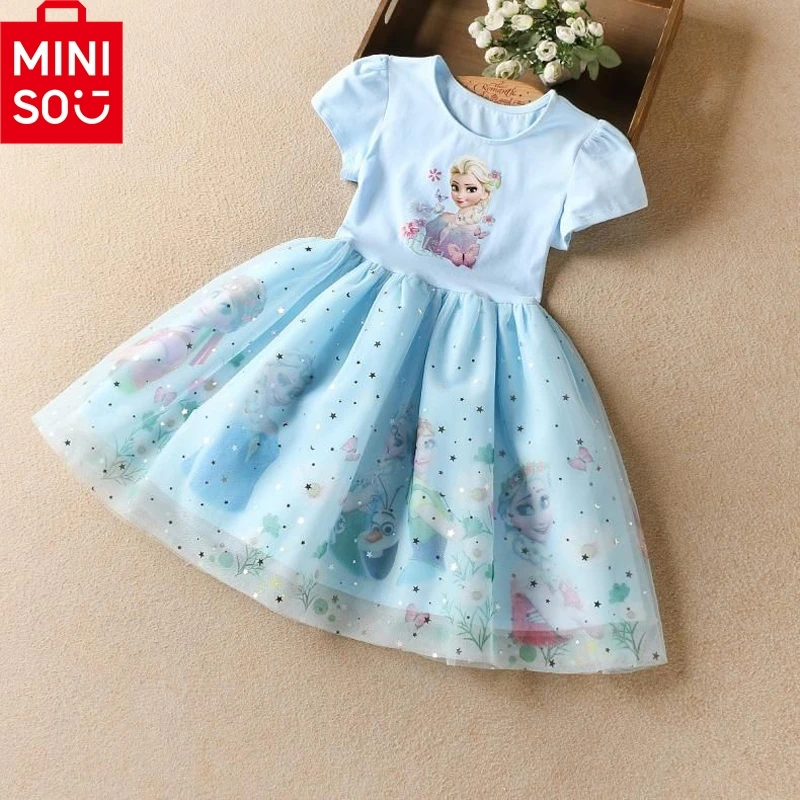 

MINISO Disney Dress for Girls Kids Toddler 2 to 3 4 5 6 7 8 9 10Years Blue Princess Elsa Print Little Girl Dress Long Tutu Dress