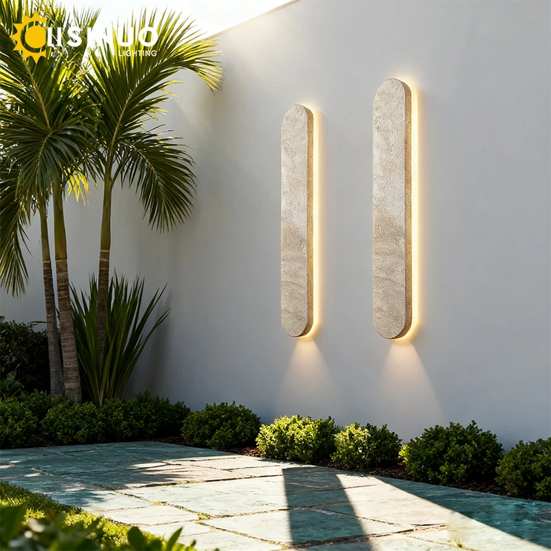 مصباح جداري من الحجر الطبيعي من الترافرتين الأصفر، شريط طويل متين، شكل خطي LED خارجي مقاوم للماء لبوابة سياج الفيلا #1