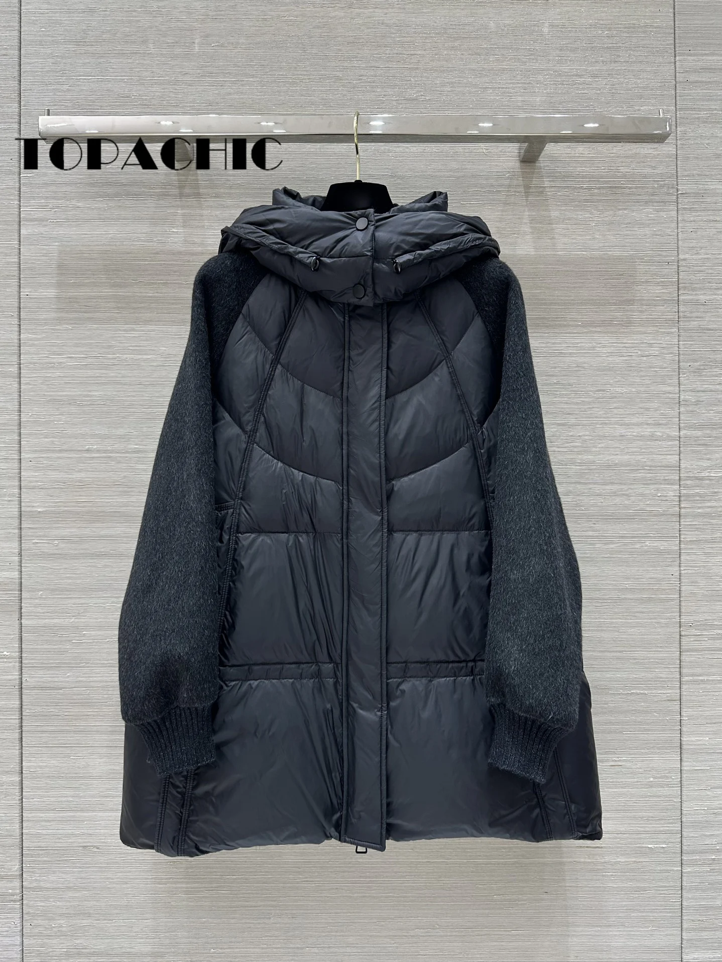 10.7 TOPACHIC-Women Knit Cuff Double-Sided Wool Spliced Hooded Quilted Mid-Length Outerwear White Duck Down Loose Zipper Jacket