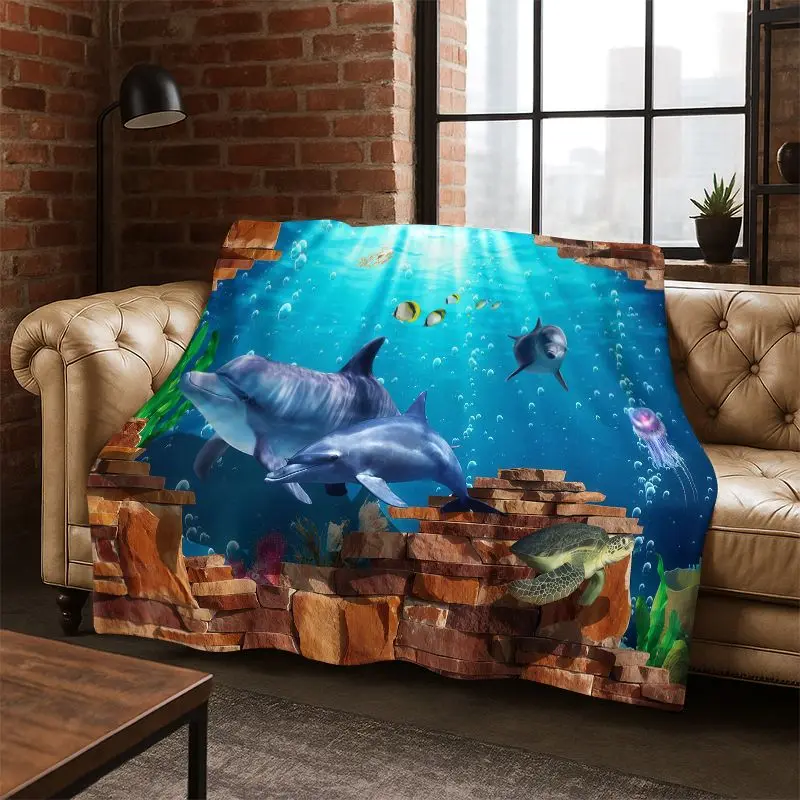 3D Illusion Underwater World Marine Life Shark Dolphin Cartoon Flannel Blanket Throw Blanket for Bedroom Living Room Bed Travel