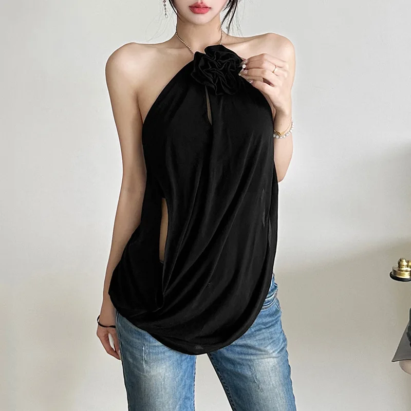 

Весна 2025 г., трансграничный женский топ Sle Ele с маленьким цветочным декором, асимметричный дизайн, однотонный вязаный топ-труба