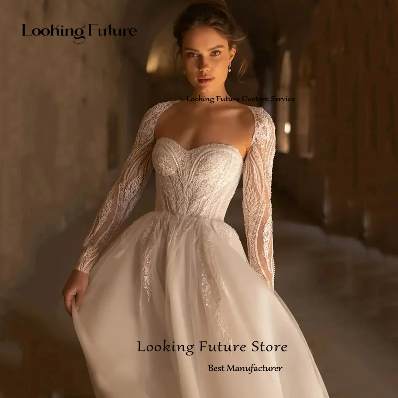 Lusso a-line 2 in 1 Cape abito da sposa bianco perline Appliques Sexy Backless maniche lunghe abito da sposa Sweetheart Court Train