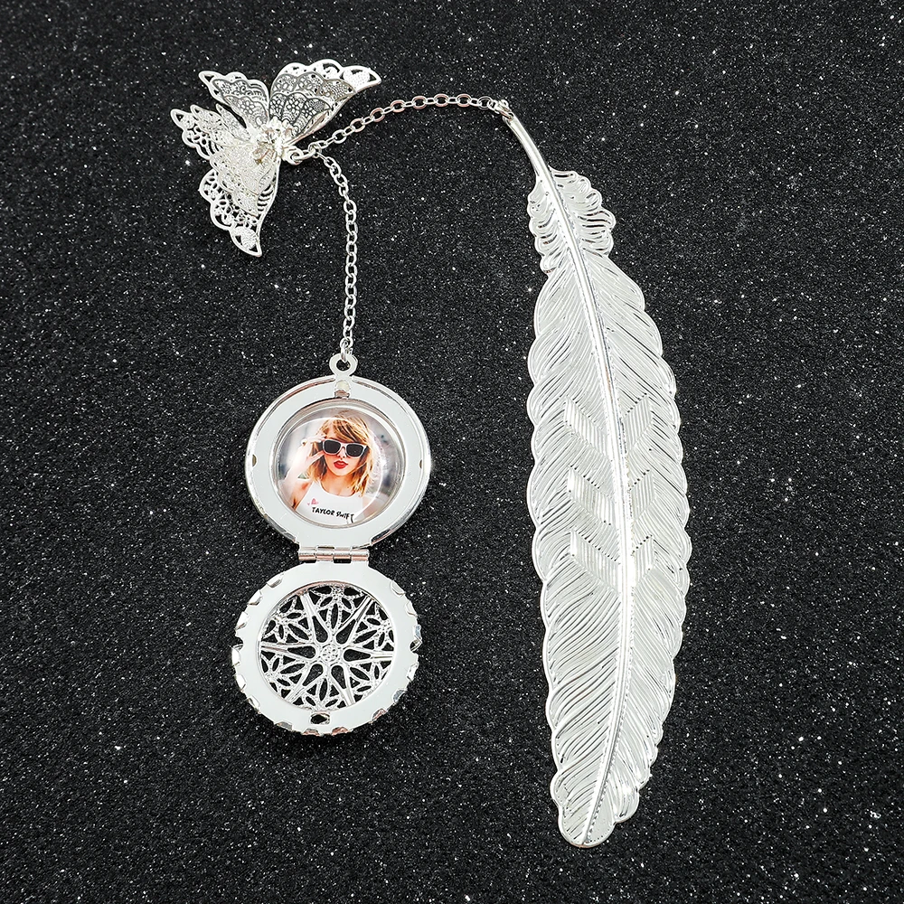 Shiny Silver Color Feather Bookmark Hollow Butterfly Taylors Photo Can Open Locket Tassel Book Marks for Women Men Fans Gifts