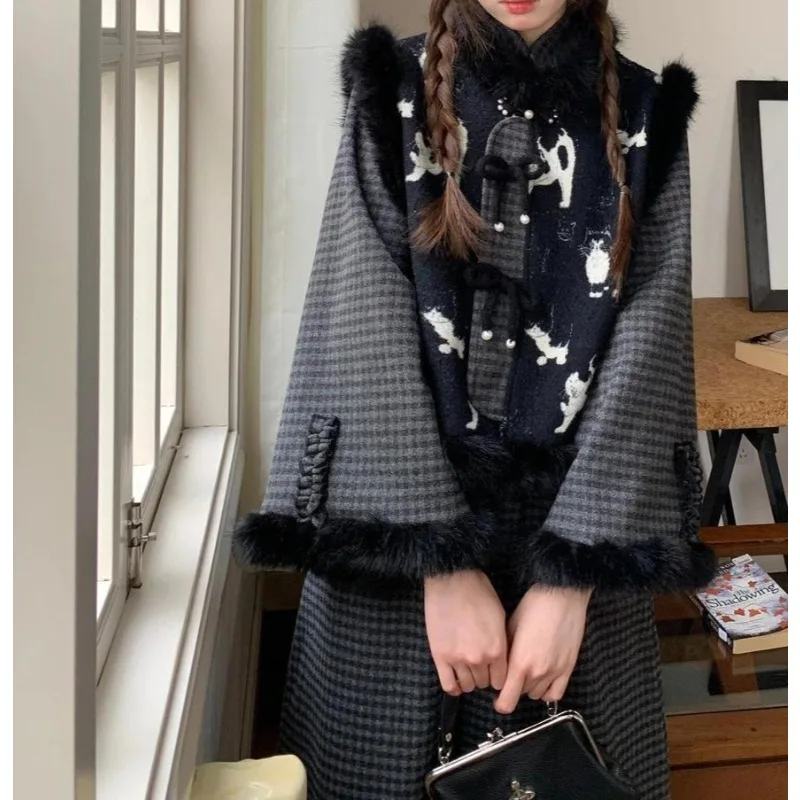 

Winter New Chinese Style Elegant Temperament Suit Fashion Design Coat Top Plaid Skirt Two-piece Set