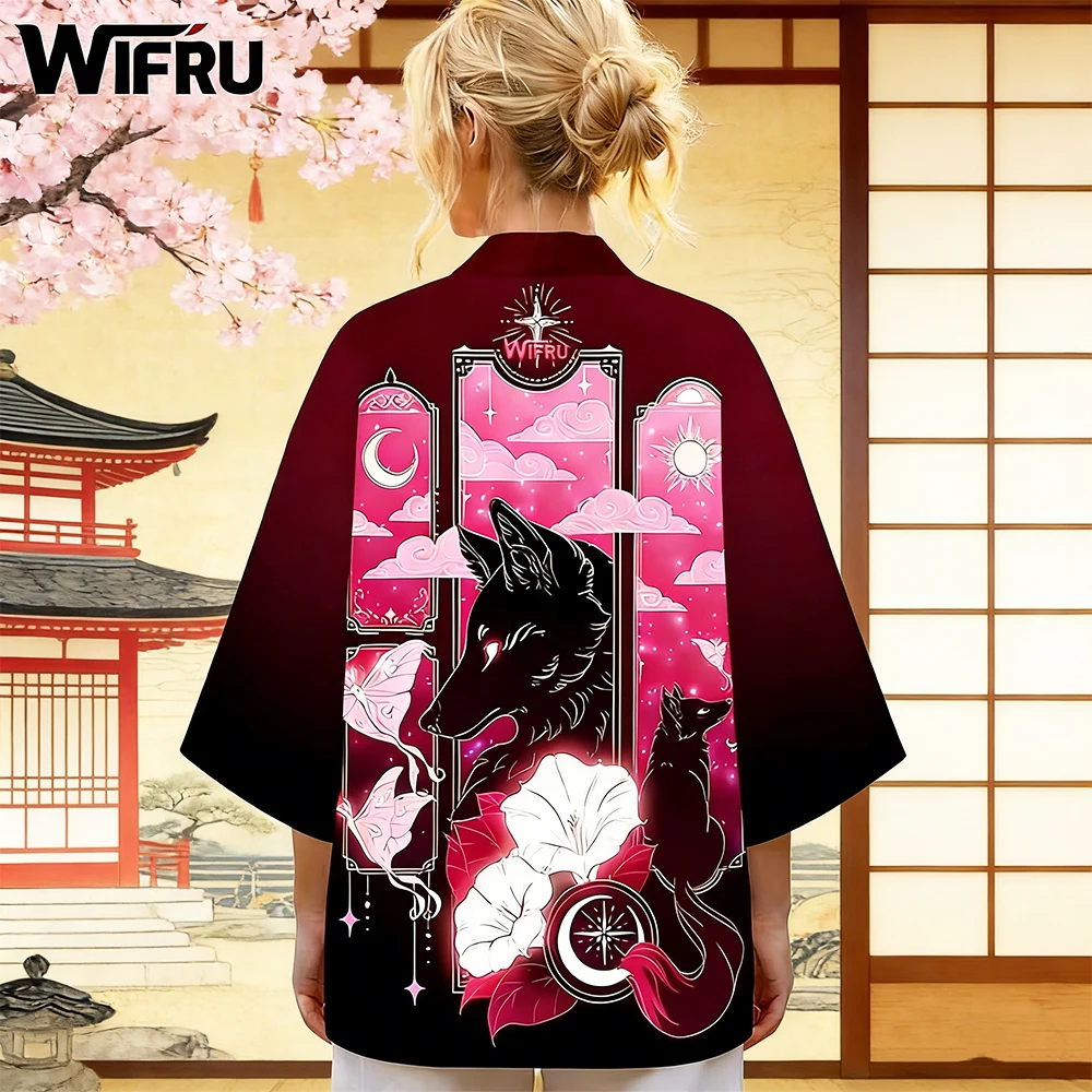 

Японский традиционный стиль всеобъемлющий печать Кимоно Женская Хараджуку WIFRU Новый отпуск пляжный кардиган Юката Лиса печать одежды
