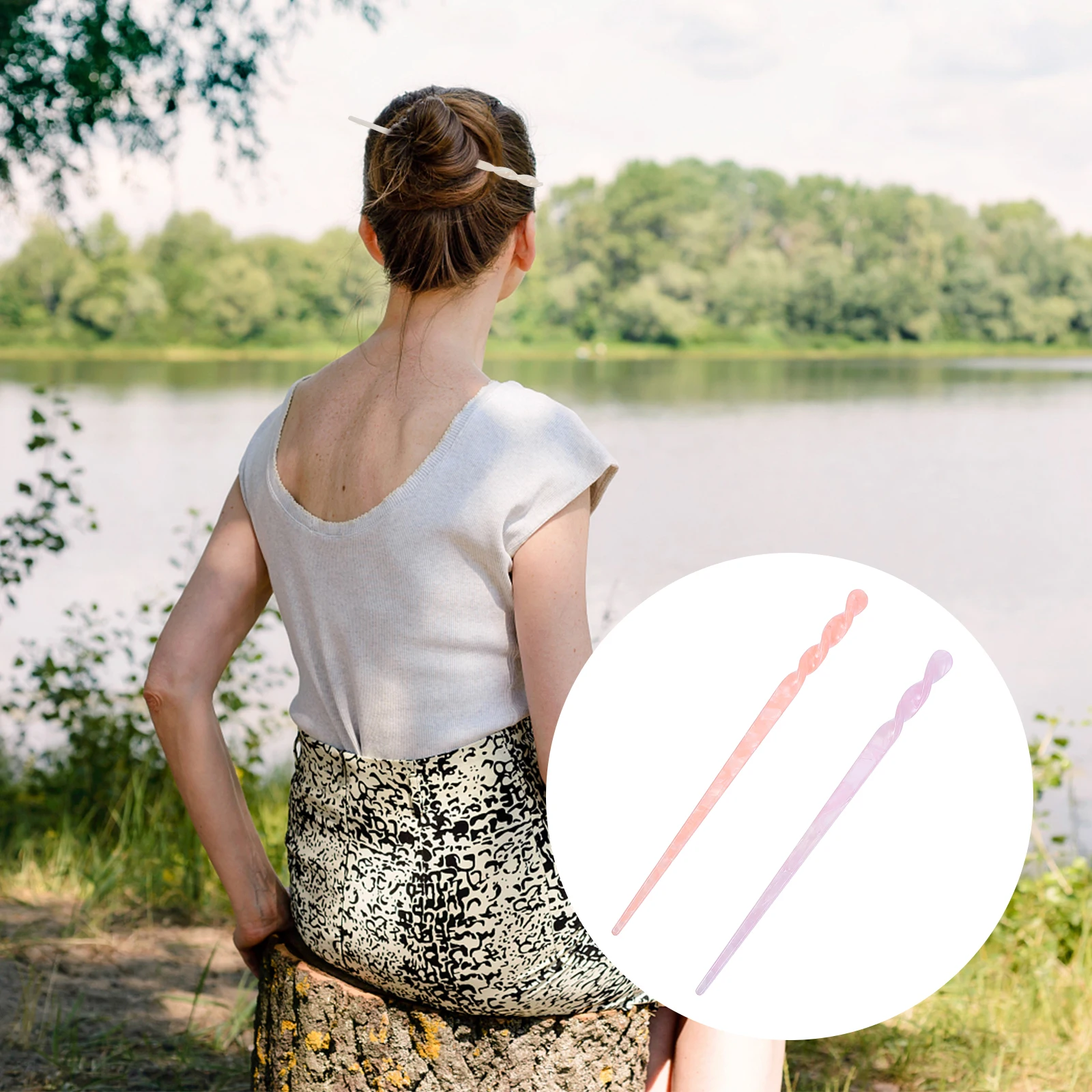 

2pcs Marble Hairpin Decorative Vintage Japanese Ancient Style Hairpiece Women Stick Bun Updo Hair Accessories