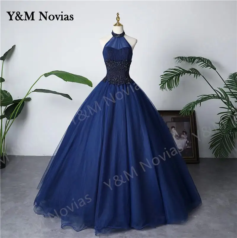 New Fashion Halter Blue Quinceanera Dress Sleeveless Ruched Lace Vestidos De 15 Debutante Gown Bohemia Princess Customized color